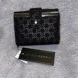 Jane & Berry Trifold Wallet Black Wicker Pattern Vegan Leather